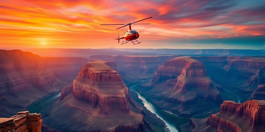 Helicopter flies above Grand Canyon at sunset.