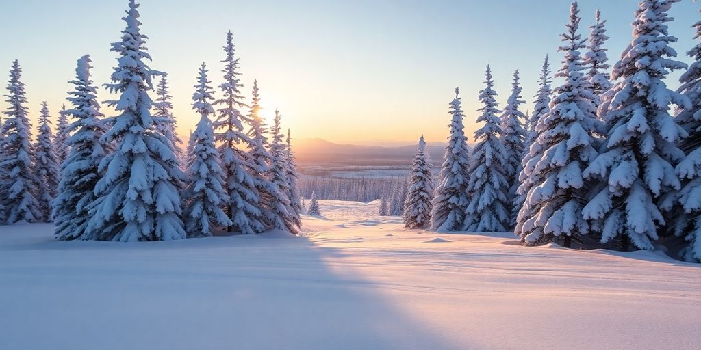 Snowy Fairbanks landscape, frosty trees, golden hour sky.