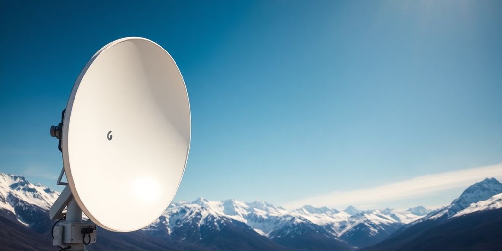 Satellite dish amidst snowy Alaskan mountains, clear sky.