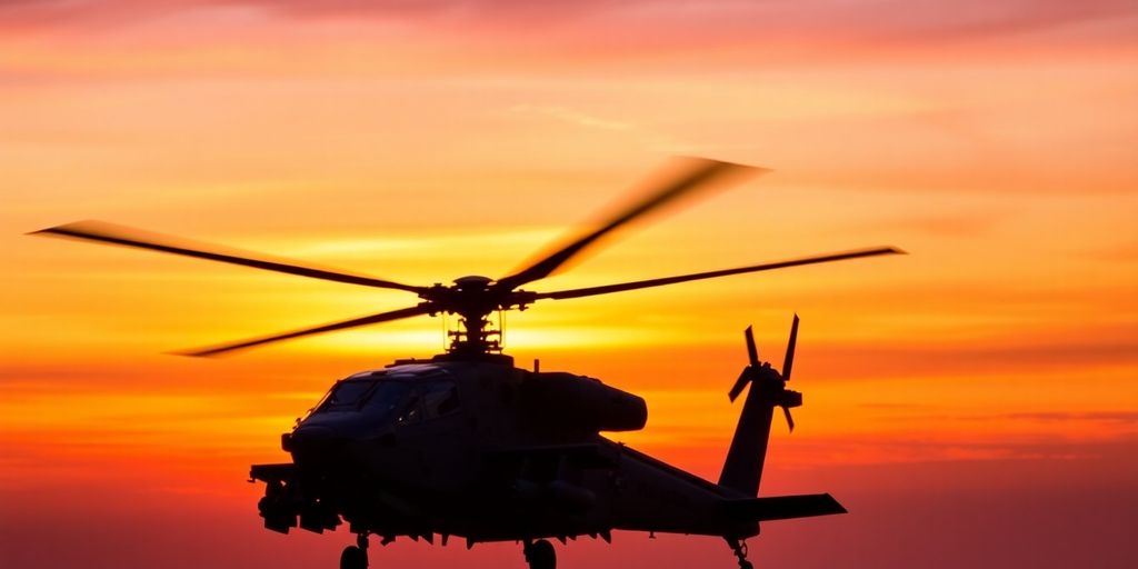 AH-64 Apache helicopter flying against a sunset sky.