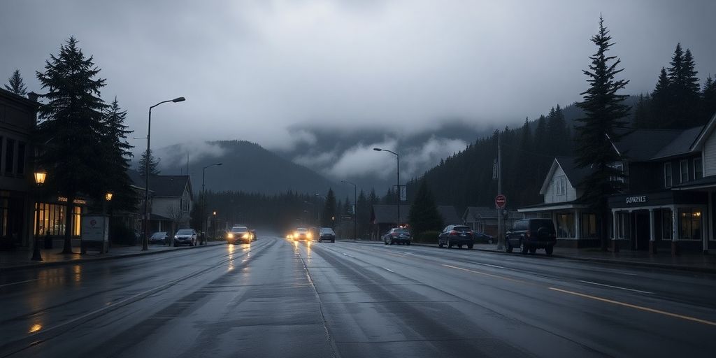 Rainy Juneau street, misty mountains