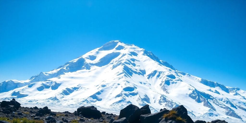 Snow-capped Mt. McKinley peak, Alaska, under clear sky.