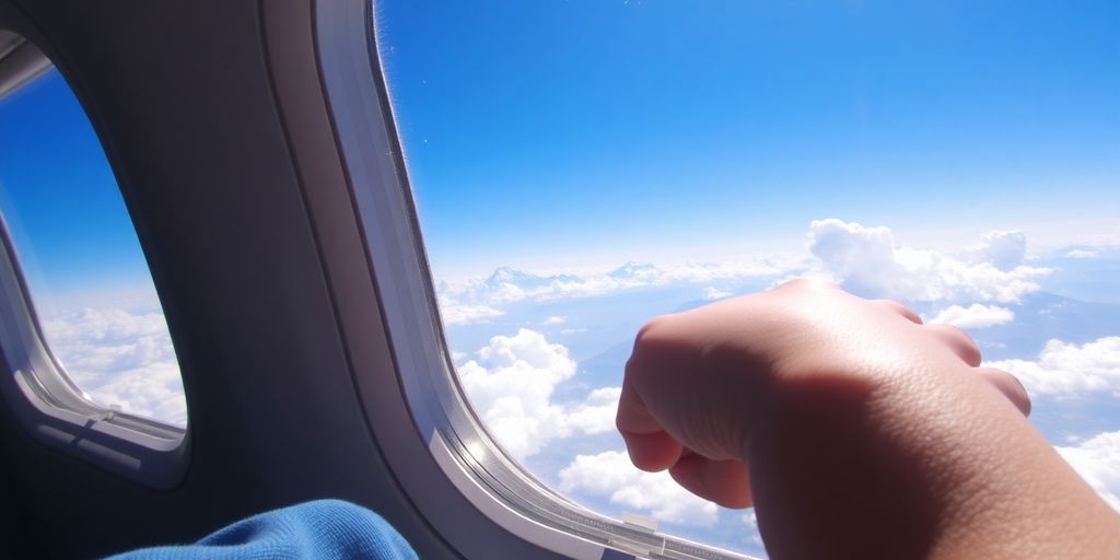 Airline passenger looking out plane window at mountains.