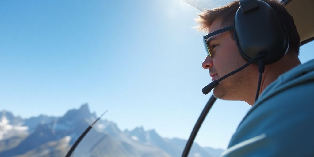 Pilot in cockpit, helicopter flying over mountains.