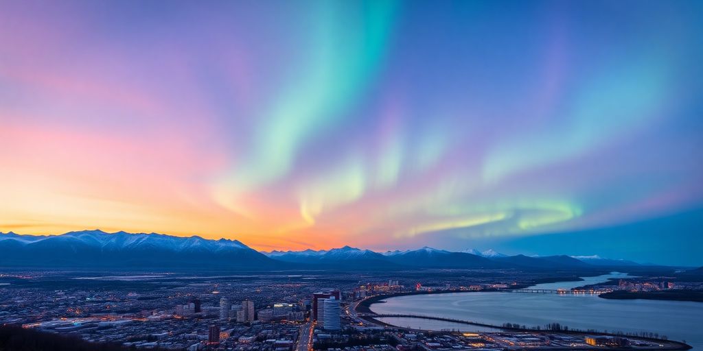 Alaskan city skyline, mountains, water, and aurora borealis