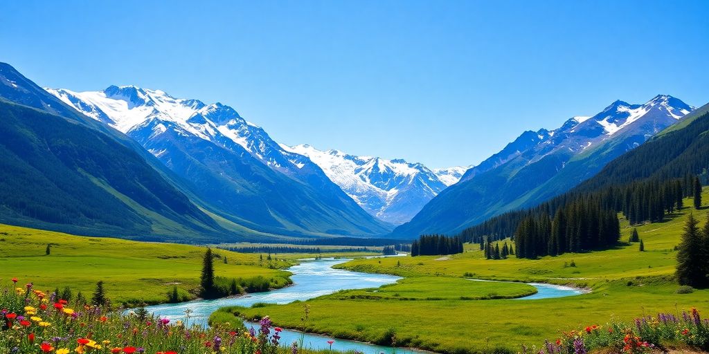 Alaskan summer landscape with mountains and wildflowers.