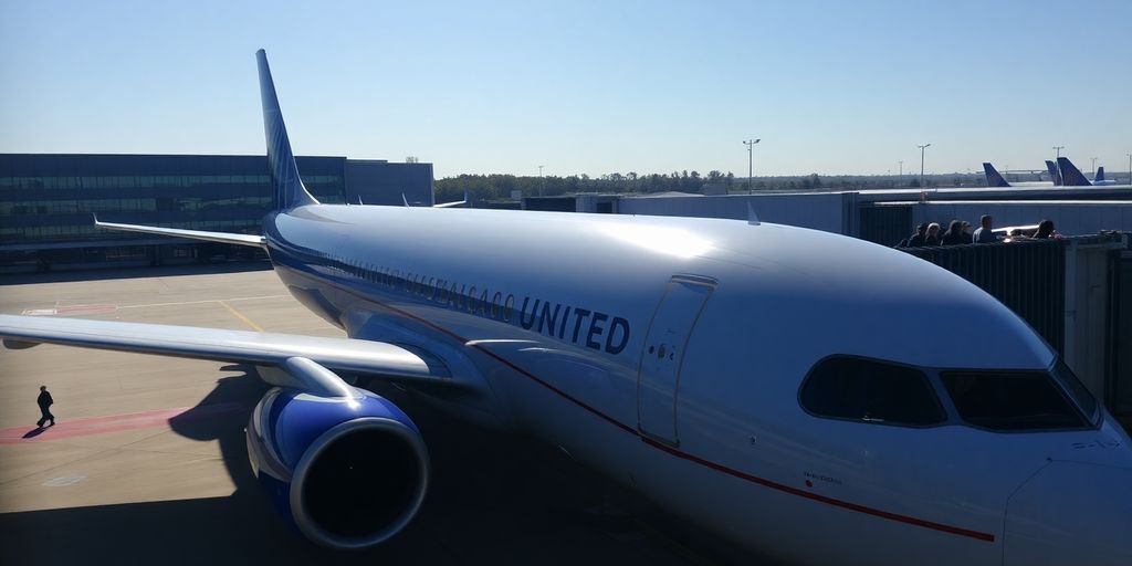 United Airlines plane at gate.