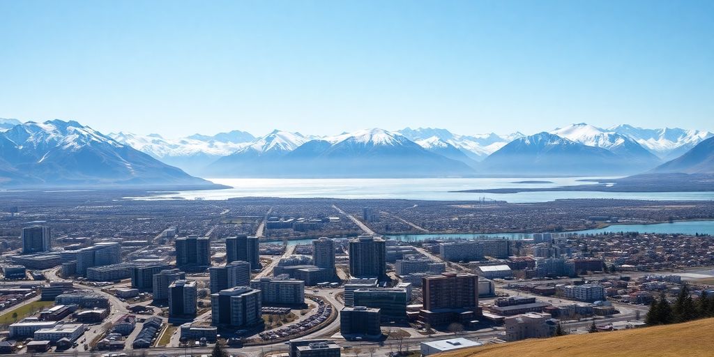 Panoramic view of a large Alaskan city with mountains and water.