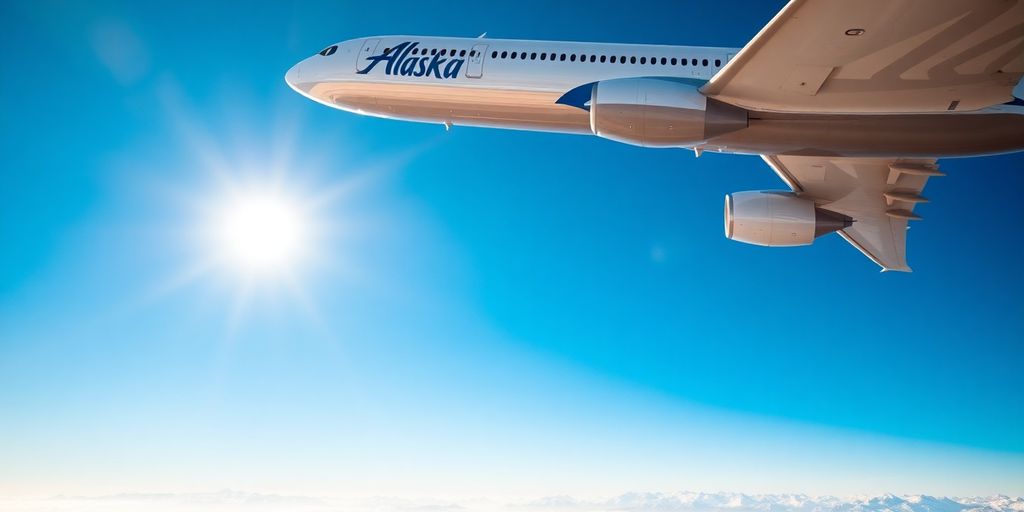 Alaska Airlines plane flying over mountains.