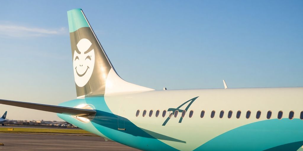 Alaska Airlines plane with smiling Eskimo logo.