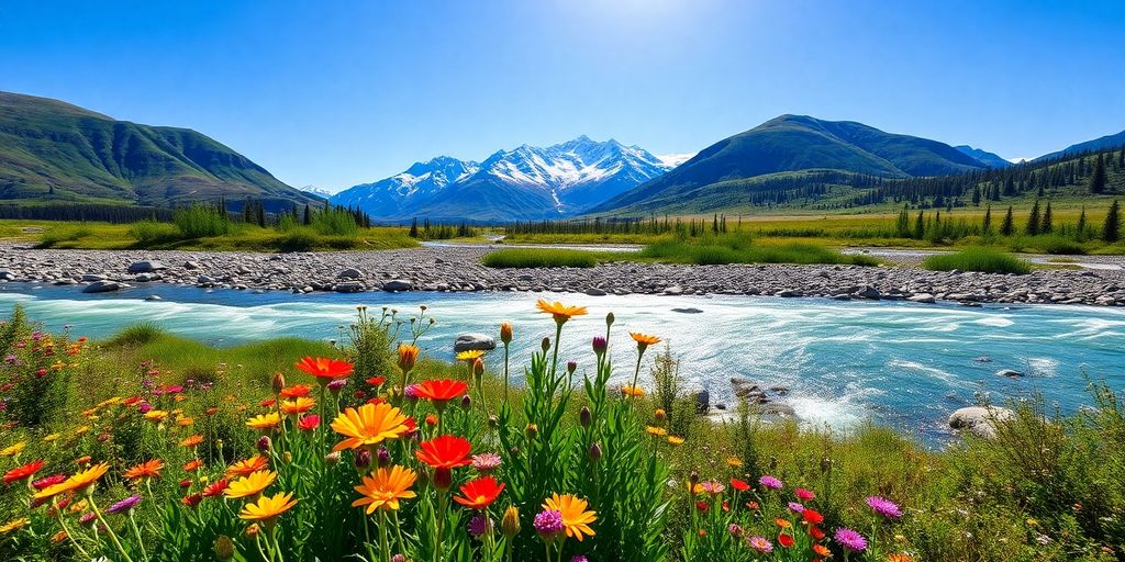 Alaskan landscape, August, sunny, clear, mountains, wildflowers, river.