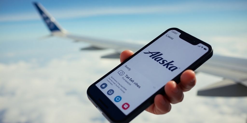Smartphone with Alaska Airlines app open, airplane wing.