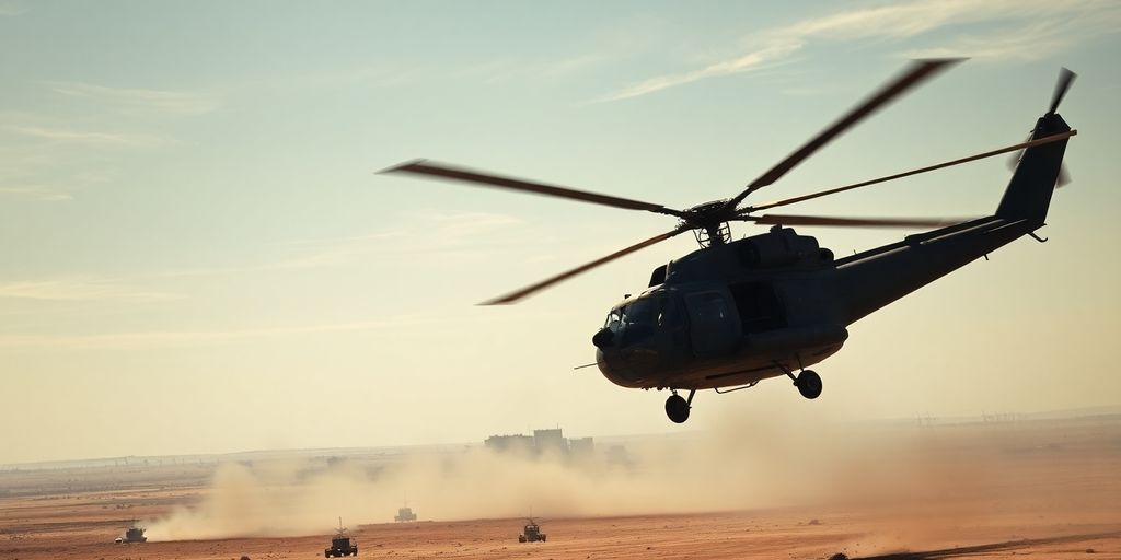 Russian helicopter flying over a battlefield.