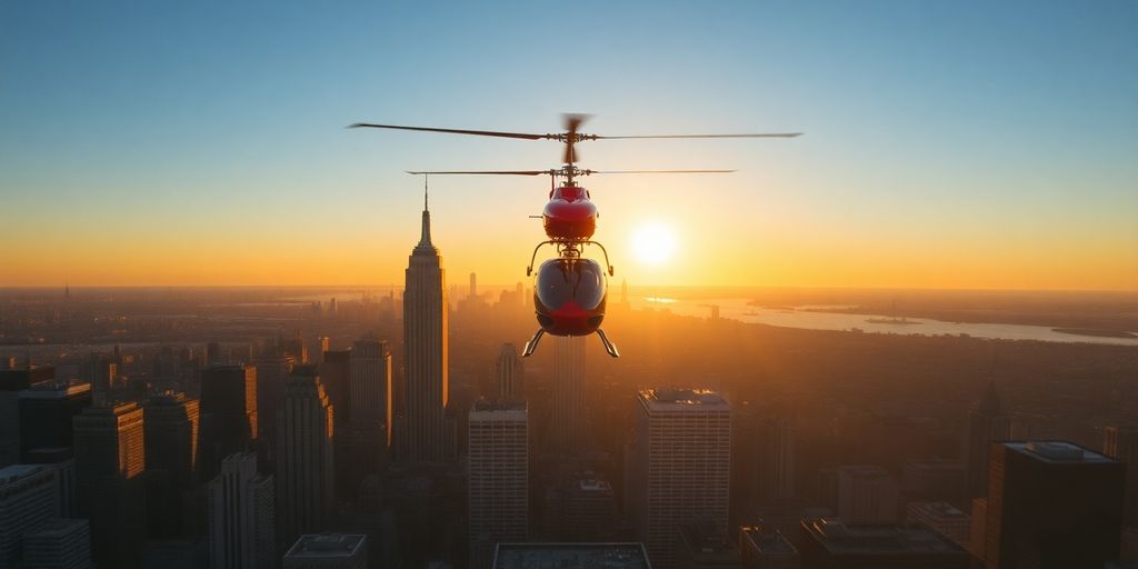 Helicopter flies over NYC skyscrapers at sunset.