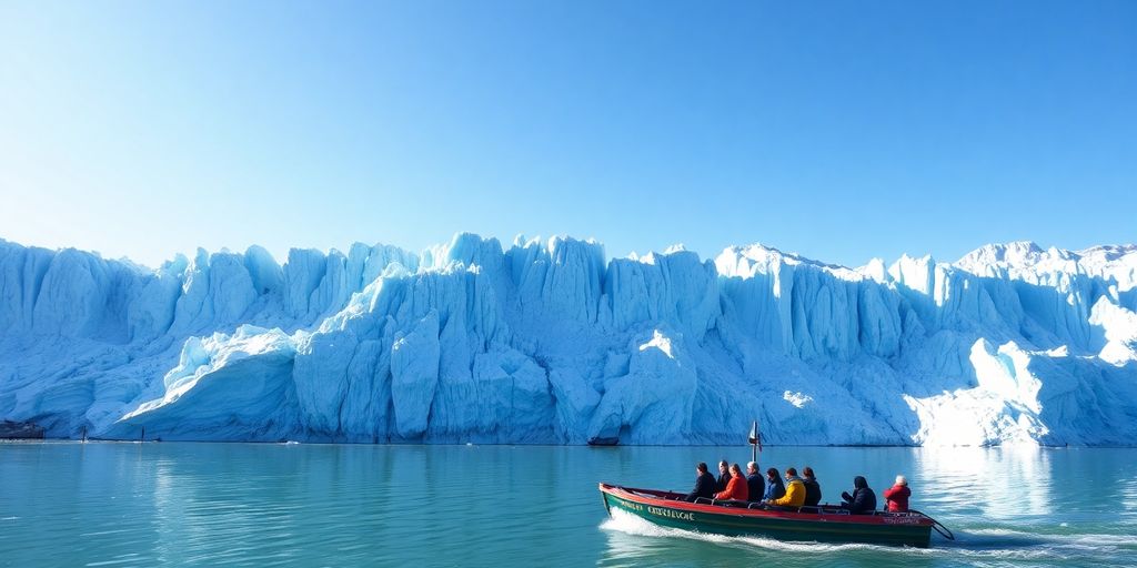 Tourists on boat, blue glacier.