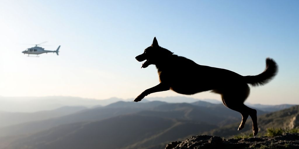 Dog in air, helicopter in distance, mountainous terrain.
