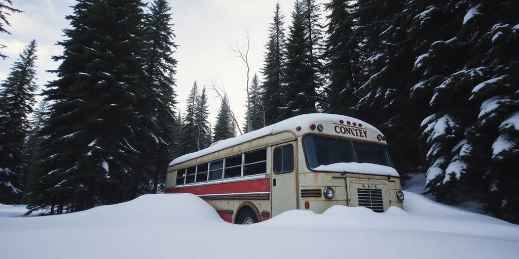 Rusty bus in snowy Alaskan wilderness.
