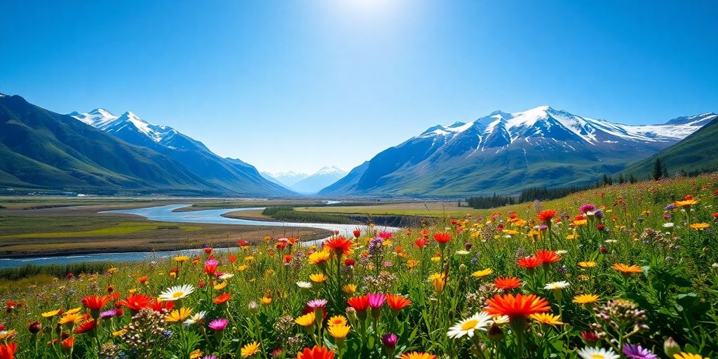 Alaskan summer landscape with mountains, wildflowers.