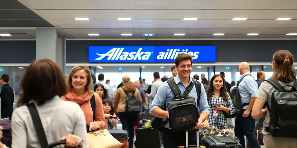 Passengers checking in for an Alaska Airlines flight.