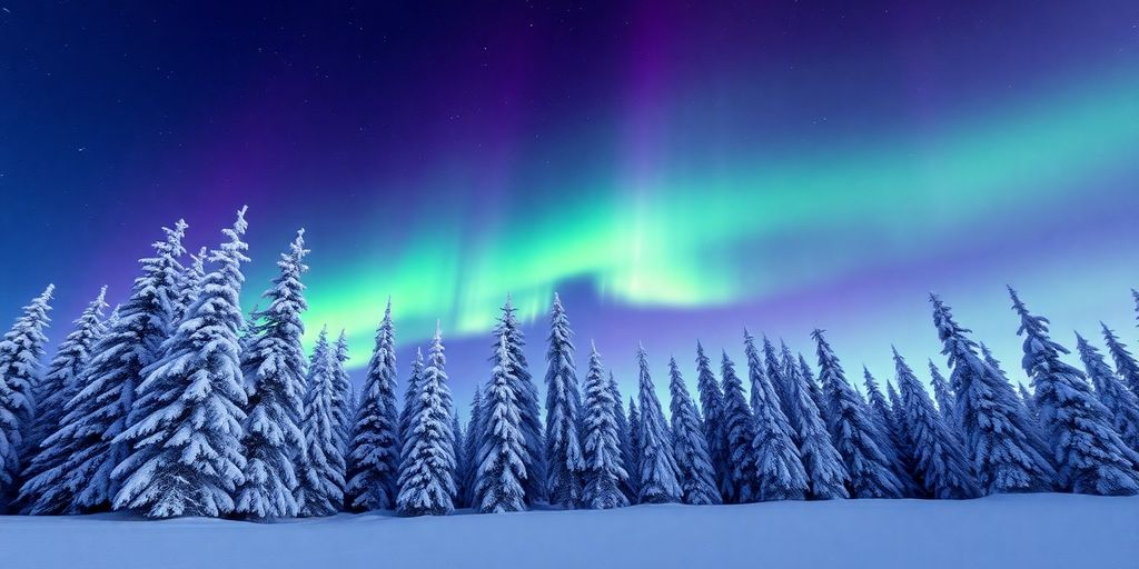 Snowy Alaskan landscape with northern lights.