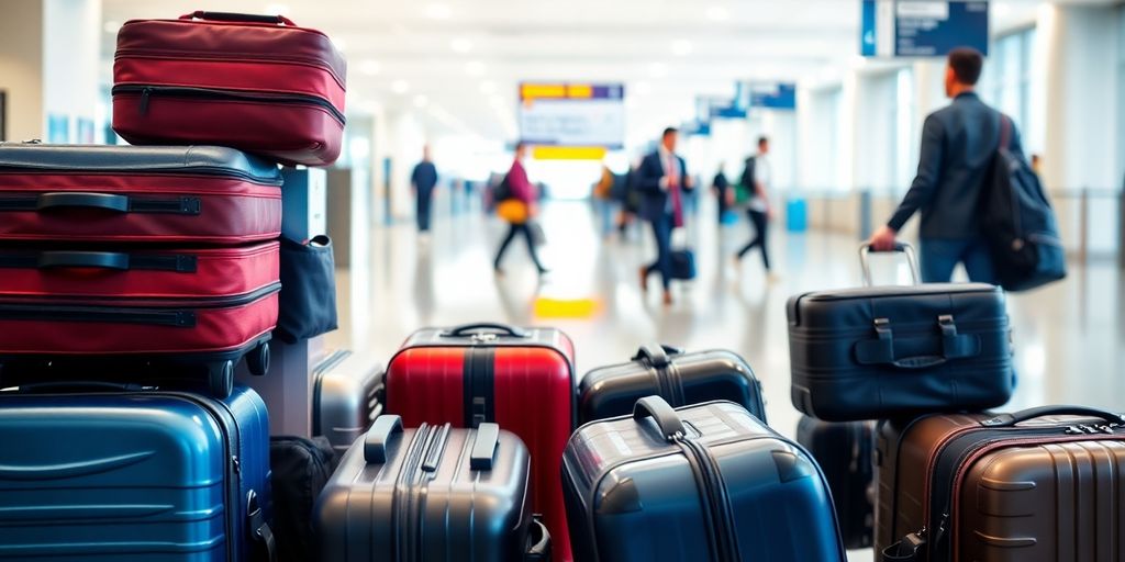 Suitcases, airline counter, passenger.