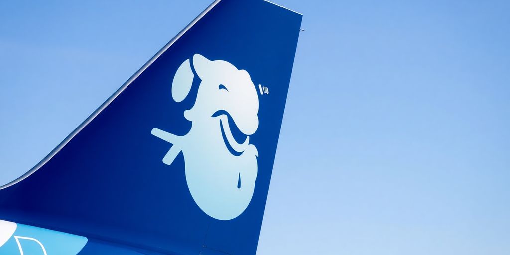 Alaska Airlines aircraft tail fin with emblem.
