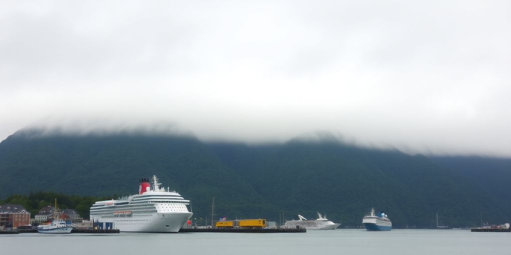 Scenic Juneau harbor, mountains, and misty sky.