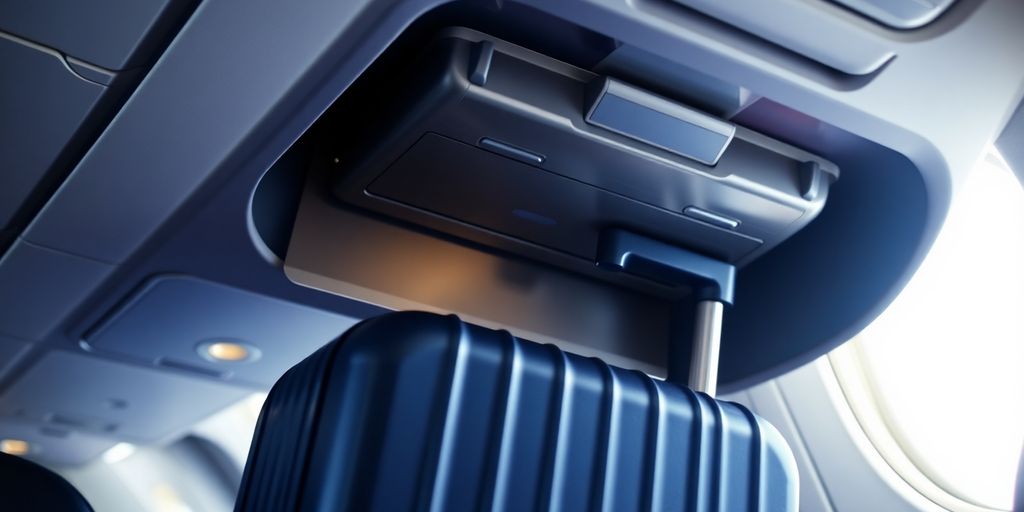 Carry-on luggage fitting into an overhead bin.