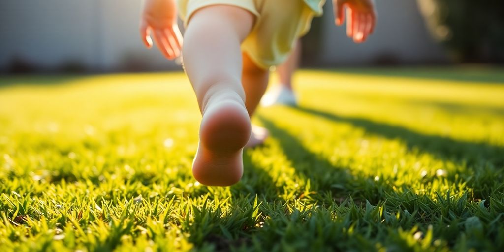 Parent's hands guide child's first steps.