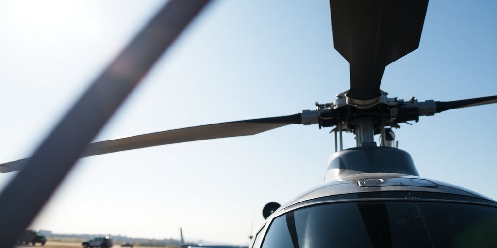 Helicopter rotor blades turning on tarmac.