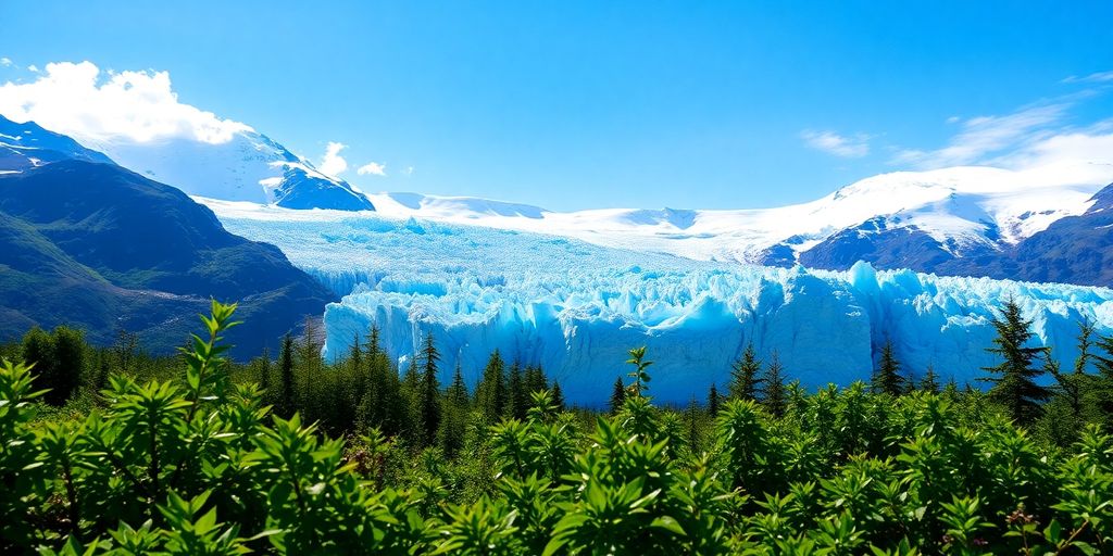 Alaskan glacier with vibrant blue ice, sunny day.