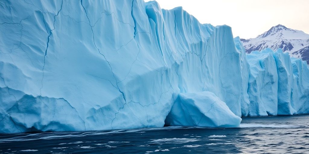 Alaskan glacier cracking into frigid blue water.