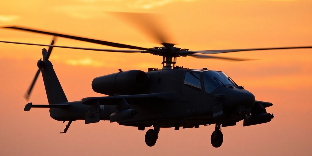 AH-64 Apache helicopter flying against a sunset sky.