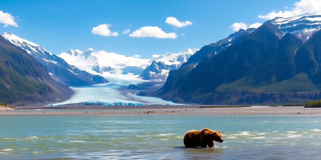 Alaskan landscape: mountains, glaciers, wildlife.