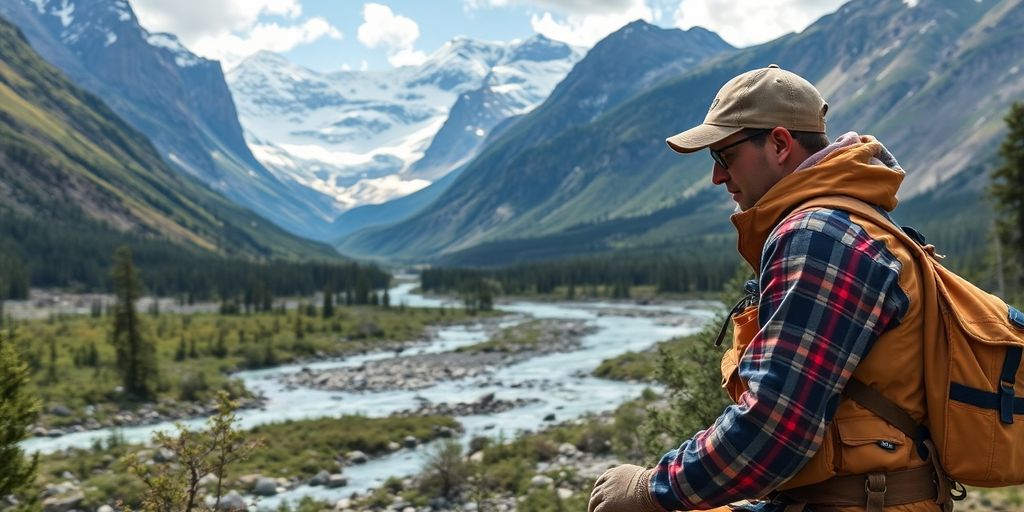 Alaskan wilderness, worker, summer, wildlife, mountains, rivers.