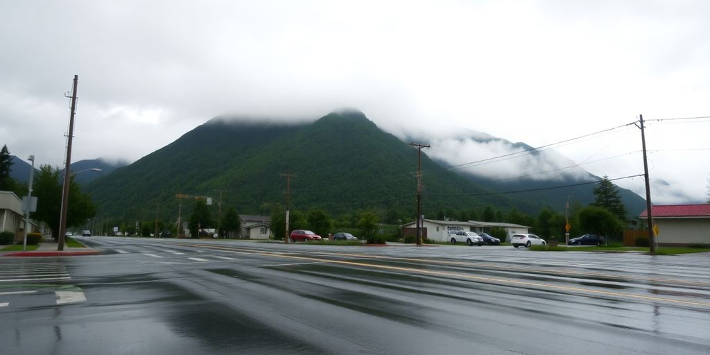 Rainy Ketchikan street, mountains, fog, overcast sky.