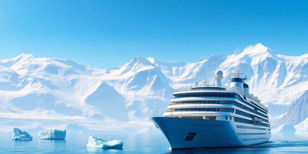 Cruise ship sails past icy Alaskan mountains.