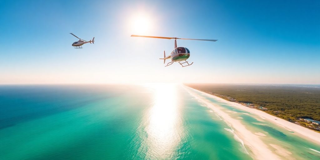 Helicopter over Destin coast, clear skies.