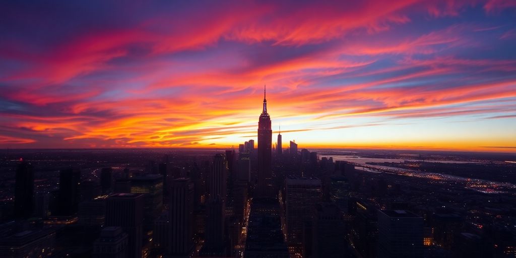 Helicopter flies over NYC skyline at sunset.