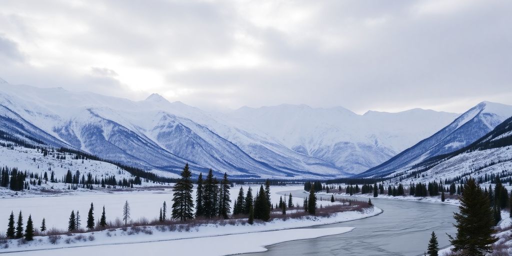 Snowy Alaskan mountain landscape under cloudy skies.