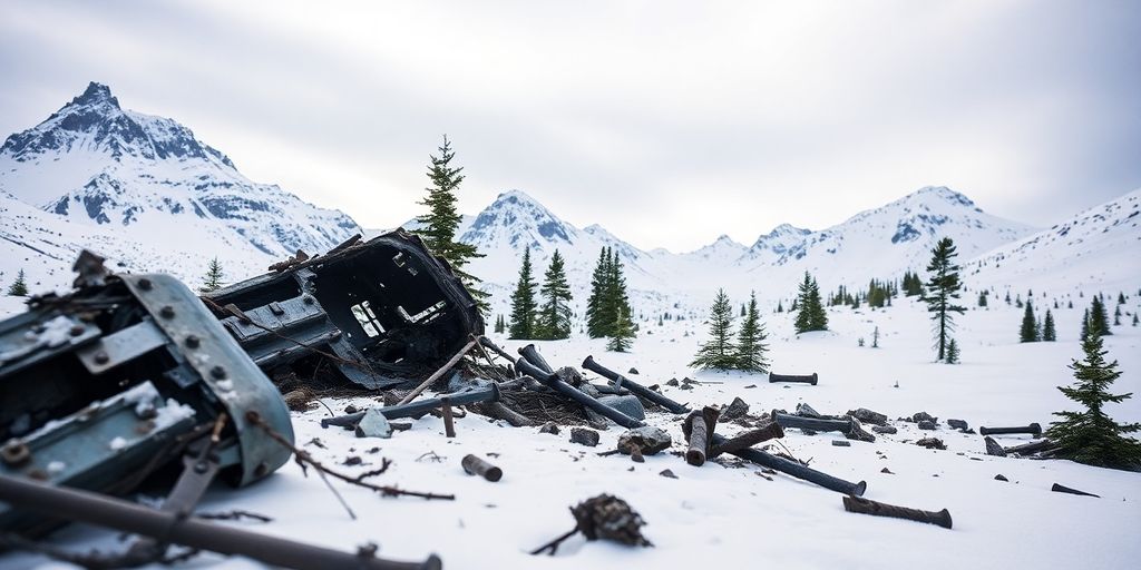 Plane wreckage in snowy Alaskan mountains.