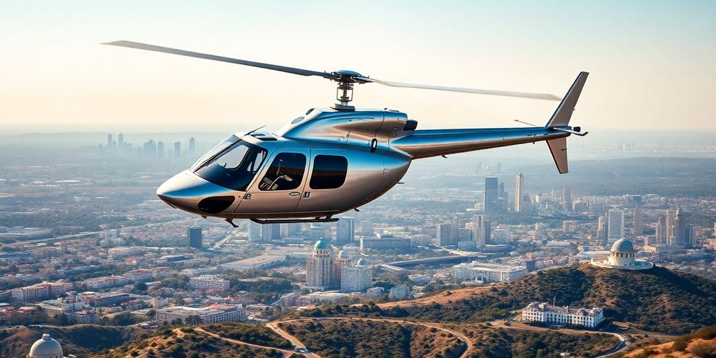 Helicopter flies over Los Angeles cityscape.
