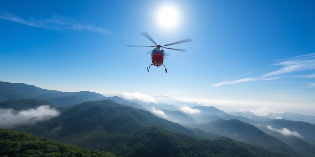 Helicopter flies over the Smoky Mountains.