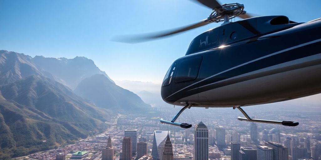Helicopter soaring over mountains and city below.