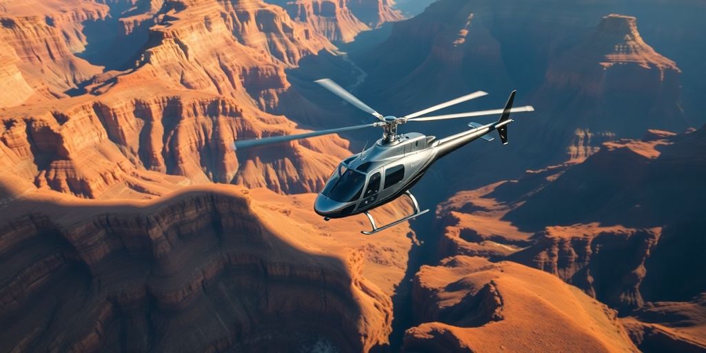 Helicopter flying over Grand Canyon, golden light.