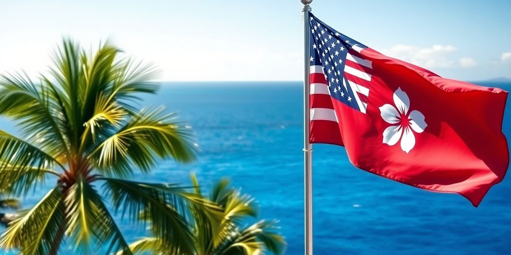 Hawaiian flag waving over tropical islands, ocean, and sky.