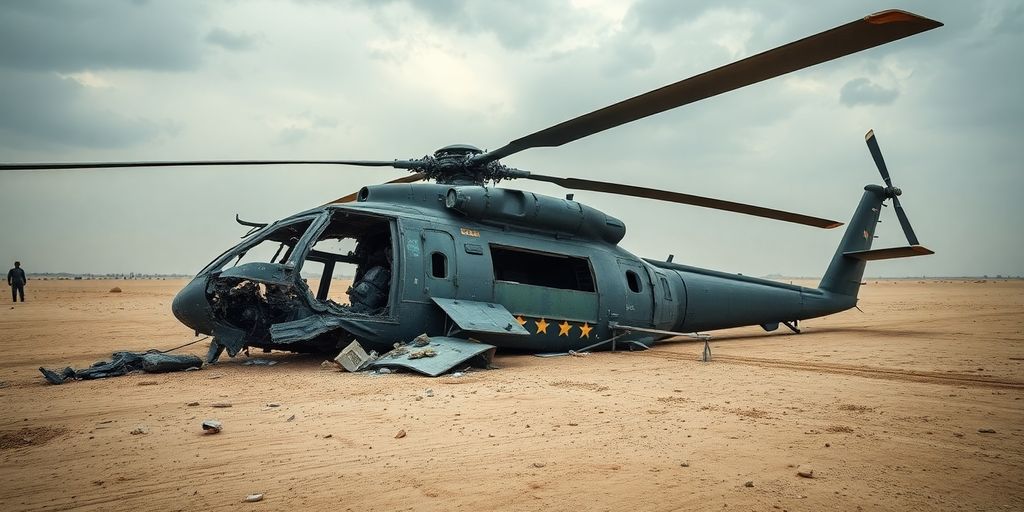 Distressed helicopter wreckage in a barren field.