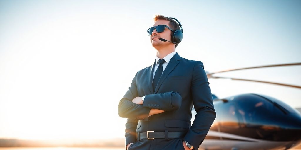Professional helicopter pilot by sleek aircraft, bright future ahead.