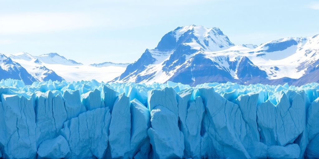 Vast Alaskan glacier with deep blue ice and rugged peaks.