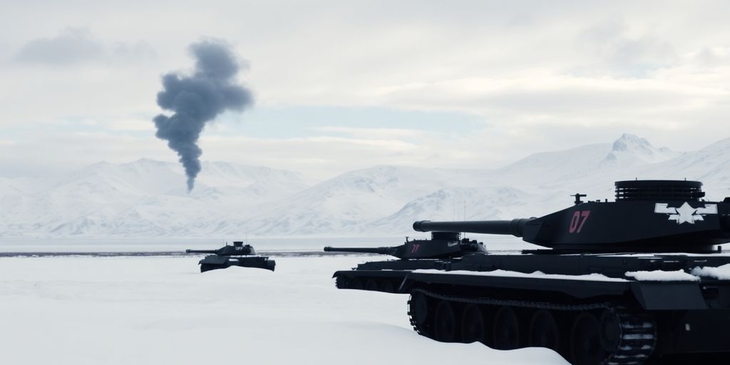 Russian tanks in snowy Alaskan mountains under a smoky sky.